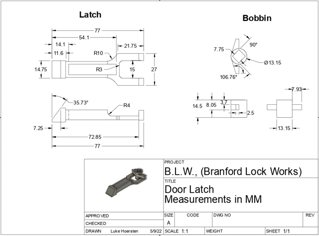 replica B.L.W. latch technical drawings