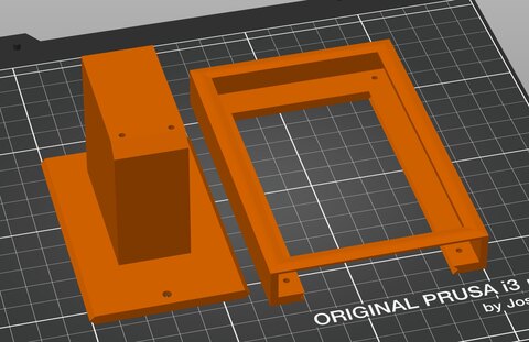 The two enclosure parts laid out in the slicer: the bracket with its board box on the left, the screen carrier with dovetail feet on the right