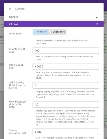 The Scrypted plugin's per-display settings: orientation, brightness, idle timeout, and stream tuning, all pushed to the device over /config